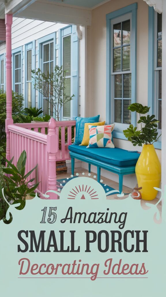 A small porch with pink railing, a blue cushioned bench, colorful pillows, and a yellow vase with a plant. Text reads "15 Amazing Small Porch Decorating Ideas."