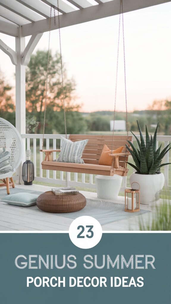 A cozy porch setting featuring a wooden swing with cushions, a potted plant, a wicker ottoman, and decorative lanterns, with text overlay reading "23 Genius Summer Porch Decor Ideas."