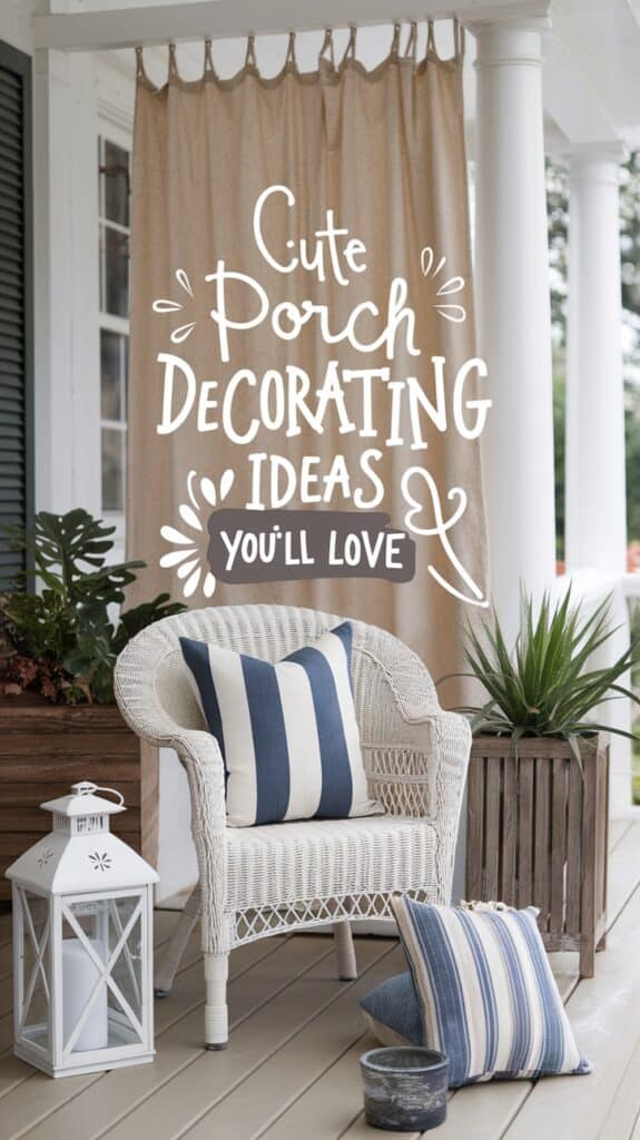 Outdoor porch with a white wicker chair and a striped cushion, a striped pillow on the floor, a white lantern, potted plants, and a beige curtain in the background with text overlay reading 'Cute Porch Decorating Ideas You'll Love.'