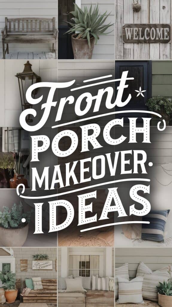 Collage of front porch makeover ideas featuring rustic benches, potted plants, a welcome sign, and decorative pillows, with large text overlay reading "Front Porch Makeover Ideas."