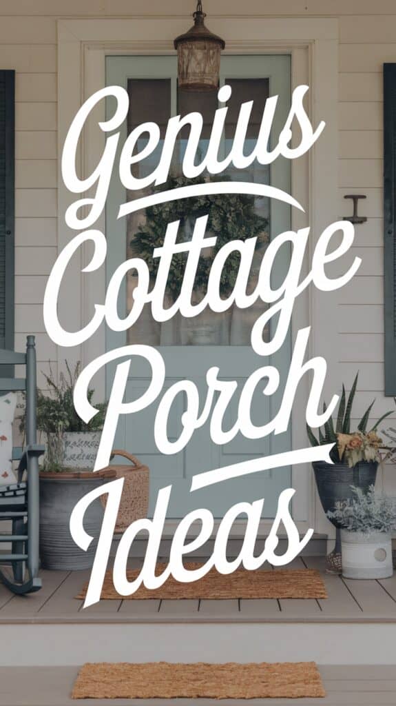 A cozy cottage porch featuring a rocking chair, plants, and a wreath on a light blue door, overlaid with the text 'Genius Cottage Porch Ideas.'