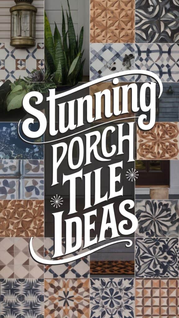 Collage of various decorative porch tiles with a large text overlay that reads 'Stunning Porch Tile Ideas' in a stylish font.