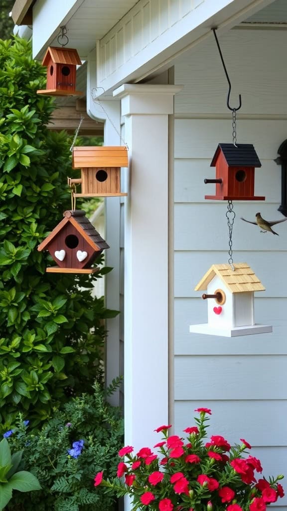 A series of colorful birdhouses hang from the edge of a house's roof. Each birdhouse is uniquely designed, featuring a variety of colors such as red, brown, and white, with decorative accents like heart shapes. A small bird is perched on one of the birdhouses. Below, vibrant red flowers are planted in a garden beside green bushes.