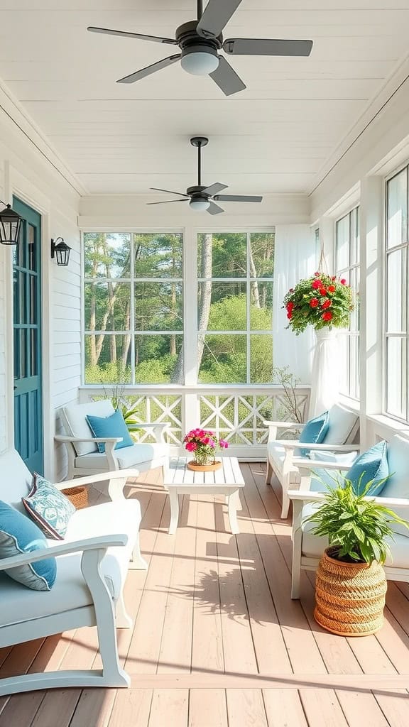 Bright, enclosed porch with white wooden furniture, blue cushions, potted plants, hanging flower basket, and ceiling fans; large windows provide a view of green trees outside.