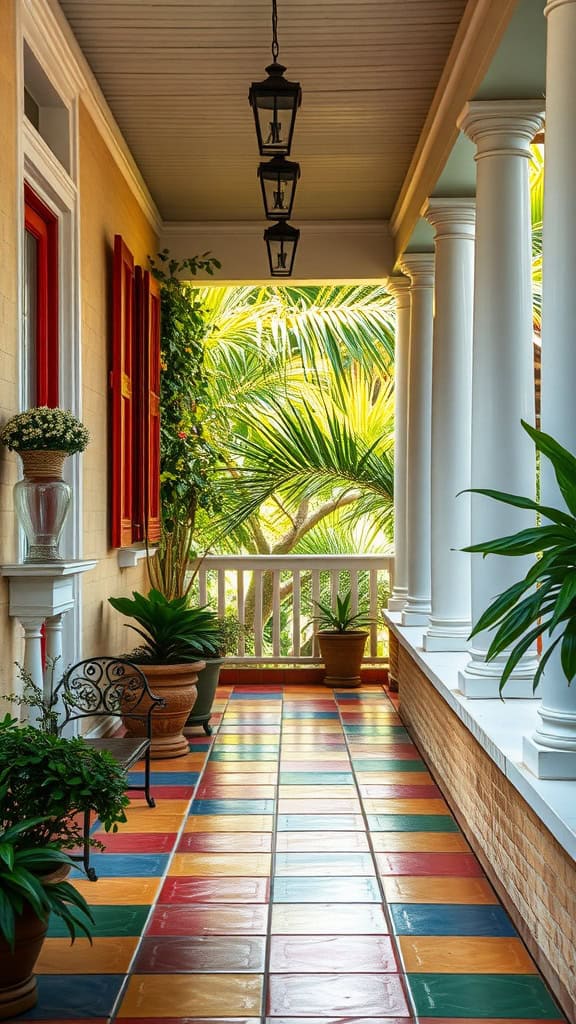A colorful tiled walkway on a porch with red window shutters, white columns, hanging lantern lights, and potted plants, surrounded by lush greenery.