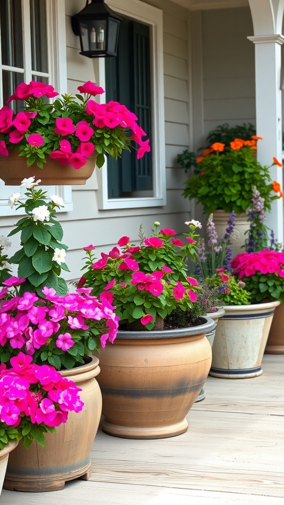 Colorful flower planters on a rustic farmhouse porch