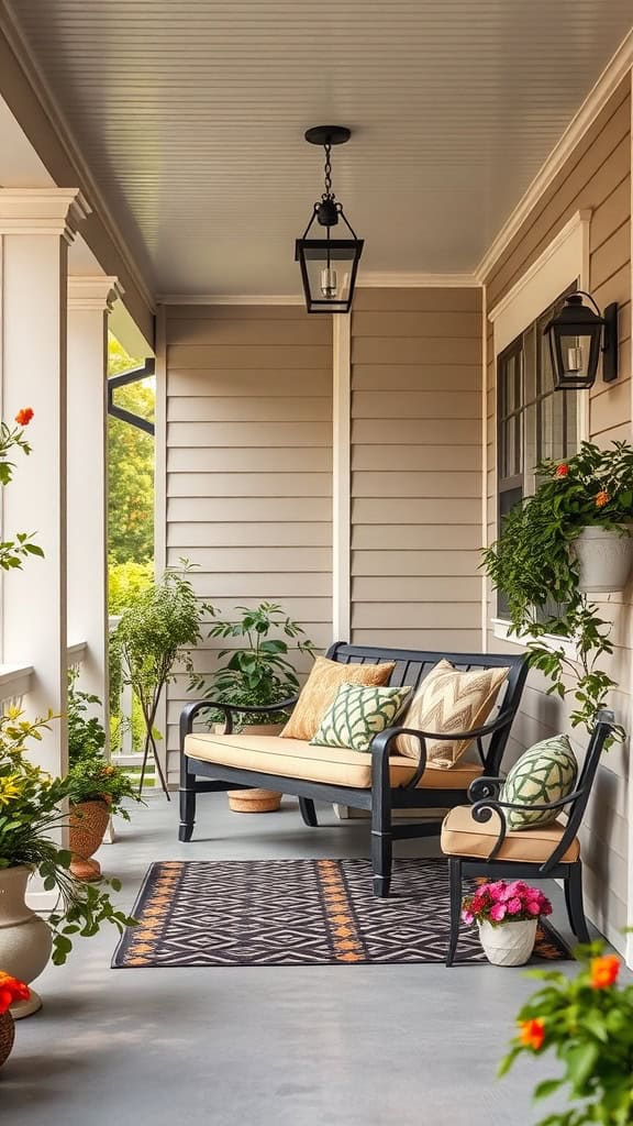 A cozy porch featuring a black metal bench and chair with beige cushions and patterned pillows, surrounded by potted plants and flowers. A patterned rug lies on the floor, and a lantern-style light hangs from the ceiling.