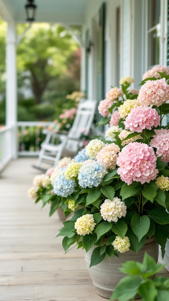 A front porch with colorful hydrangeas and a rocking chair.