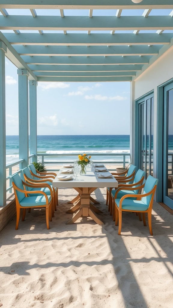 An outdoor dining area with a wooden table and eight blue cushioned chairs, set on a sandy beach under a blue pergola, with an ocean view in the background.