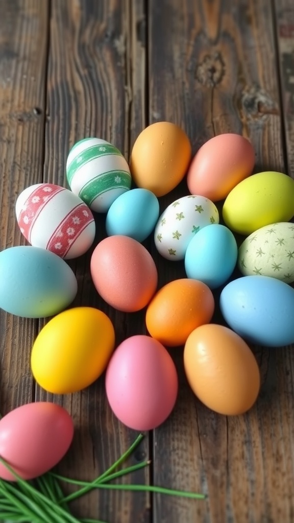 A variety of colorful Easter eggs on a wooden surface
