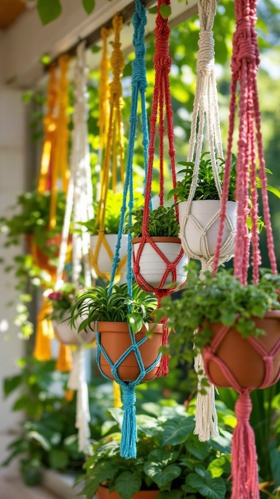 Colorful macramé plant hangers with various plants, creating a bright outdoor ambiance.
