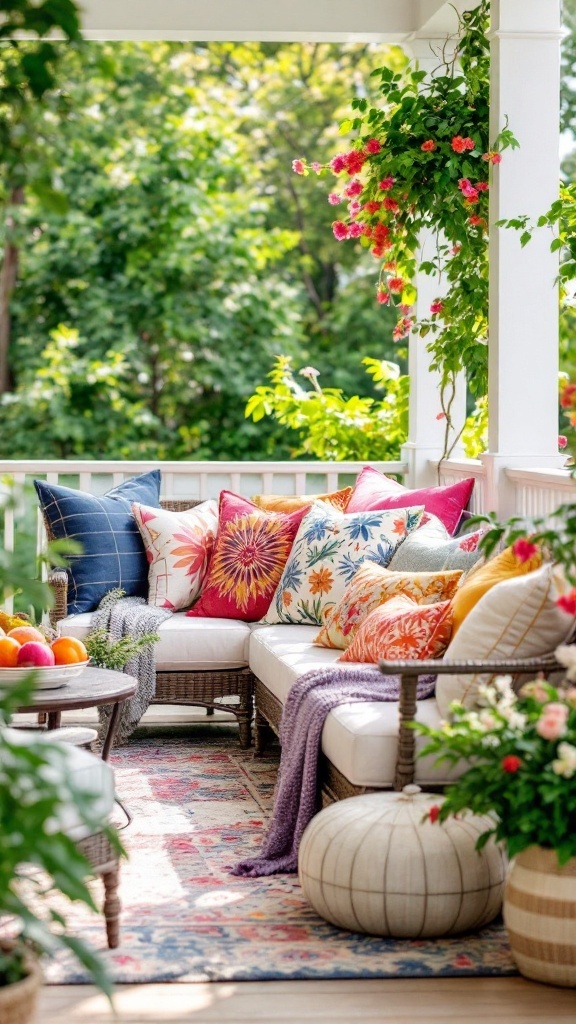A cozy summer porch decorated with colorful throw pillows and cushions