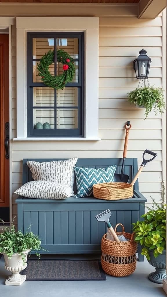 A cozy porch area featuring a blue bench with striped and chevron-patterned pillows. Above the bench, a window is adorned with a wreath. Gardening tools and a wicker basket are on or beside the bench, with potted plants and a small welcome mat completing the scene.