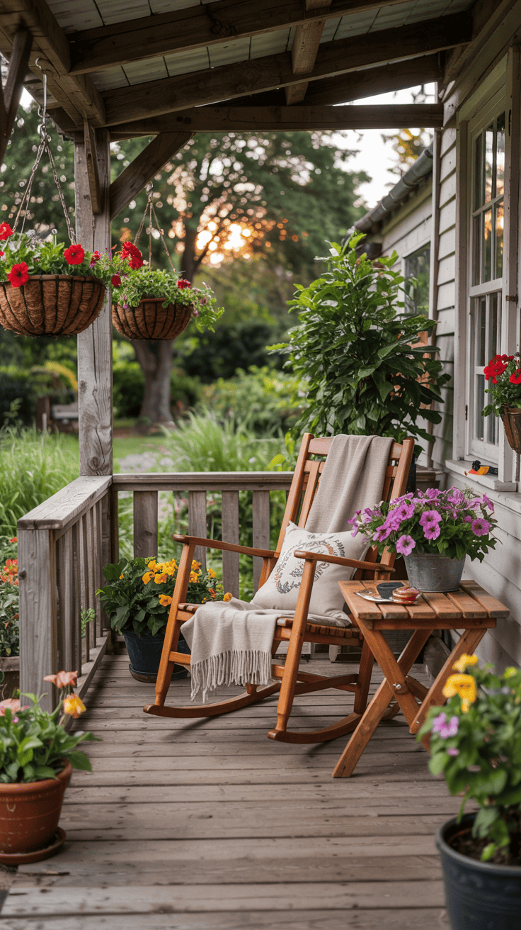 A cozy wooden porch with a rocking chair draped with a blanket and cushion, surrounded by flowering plants in pots and hanging baskets, overlooking a garden at sunset.