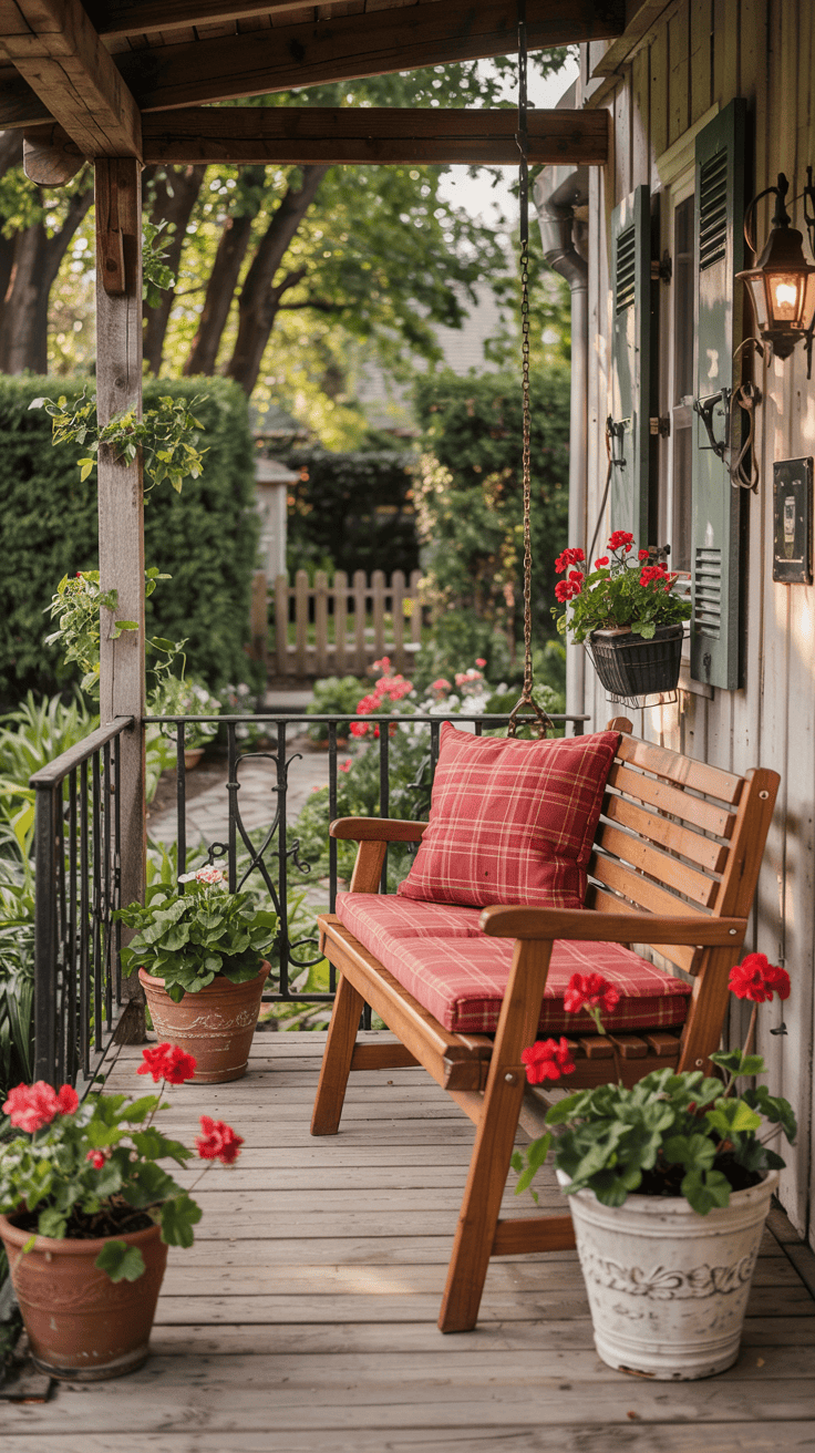 A cozy porch with a wooden bench featuring red plaid cushions, surrounded by potted red geraniums. The porch overlooks a lush garden with a wooden fence and trees in the background.