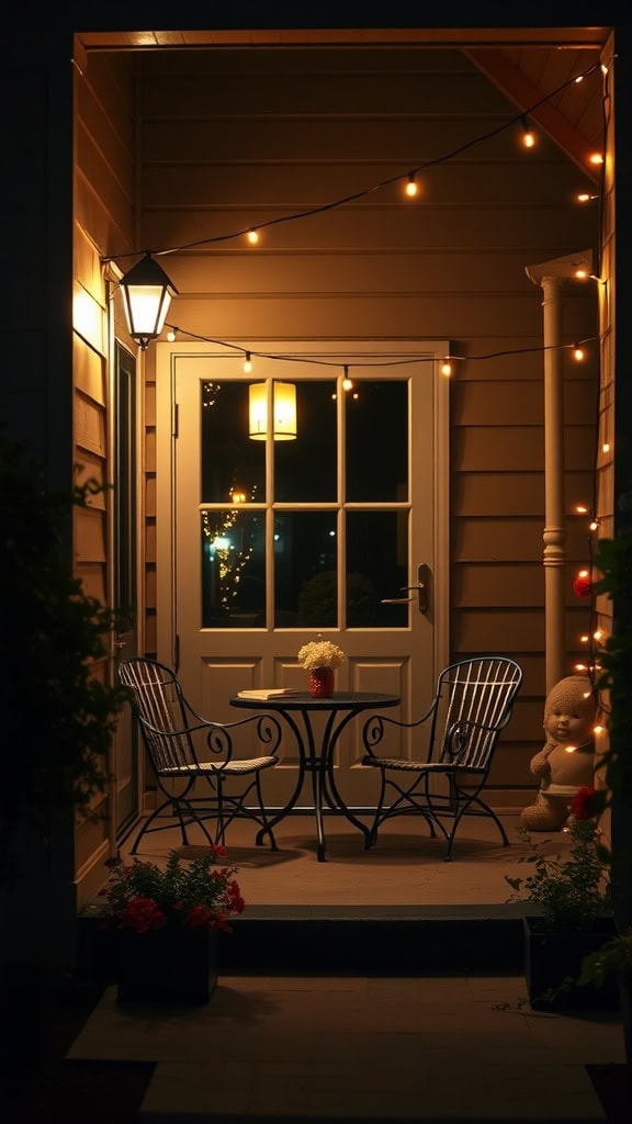 A cozy outdoor porch with string lights and a small table set for two. The table is adorned with a red vase containing white flowers, and two black metal chairs are placed beside it. A decorative figurine and potted plants are placed nearby, enhancing the inviting atmosphere under warm ambient lighting.