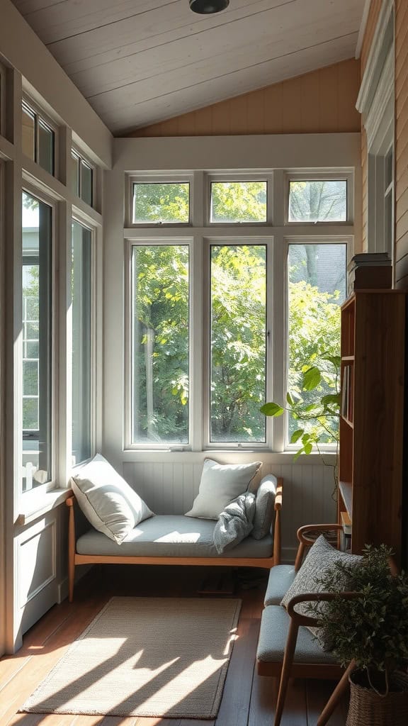 A cozy sunroom with large windows offering a view of lush greenery outside. Inside, there is a wooden bench with gray cushions and pillows, a small rug on a wooden floor, and a bookshelf filled with books and a potted plant. Sunlight streams into the room, creating a warm and inviting atmosphere.
