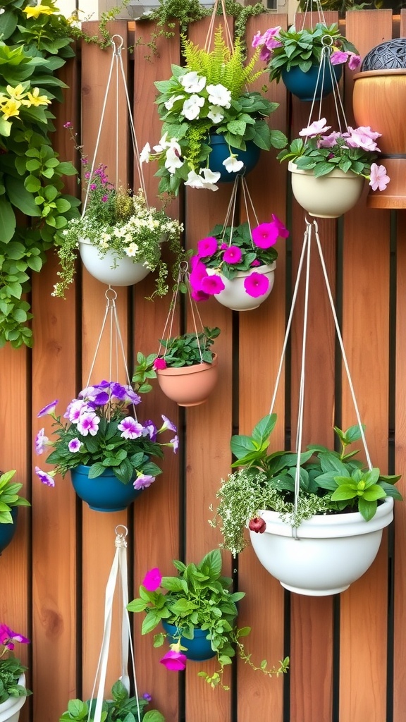 A vertical garden made up of various hanging planters filled with colorful flowers and green plants on a wooden fence.