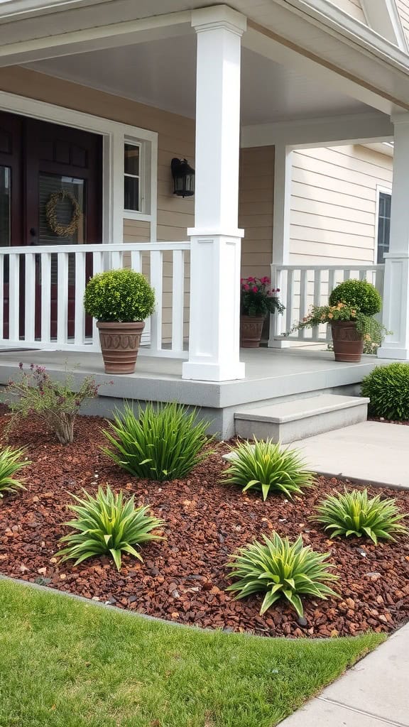 Front porch of a house with a white railing and potted plants, including ornamental shrubs and flowers, surrounded by a garden bed with mulch and green plants.