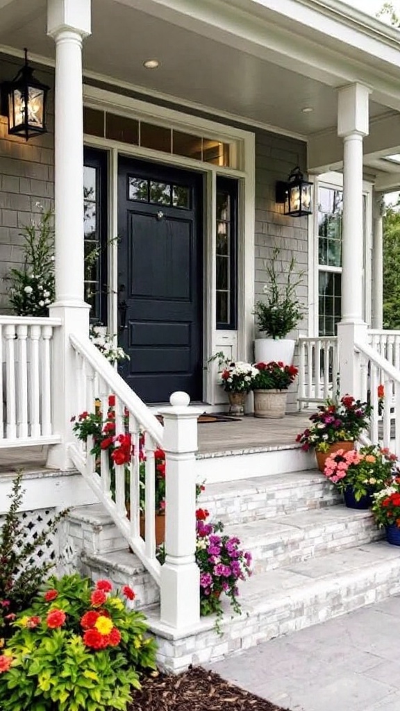 A welcoming front porch with a dark door, white columns, and flowers in colorful pots on the steps and corners.
