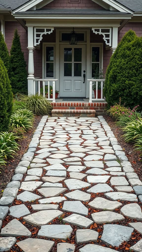 A stone pathway leads to a house entrance, flanked by lush green shrubs and plants. The entrance features a white door with glass panels, a small covered porch with intricate wood detailing, and a brick step leading up to it. A decorative lantern hangs above the door.