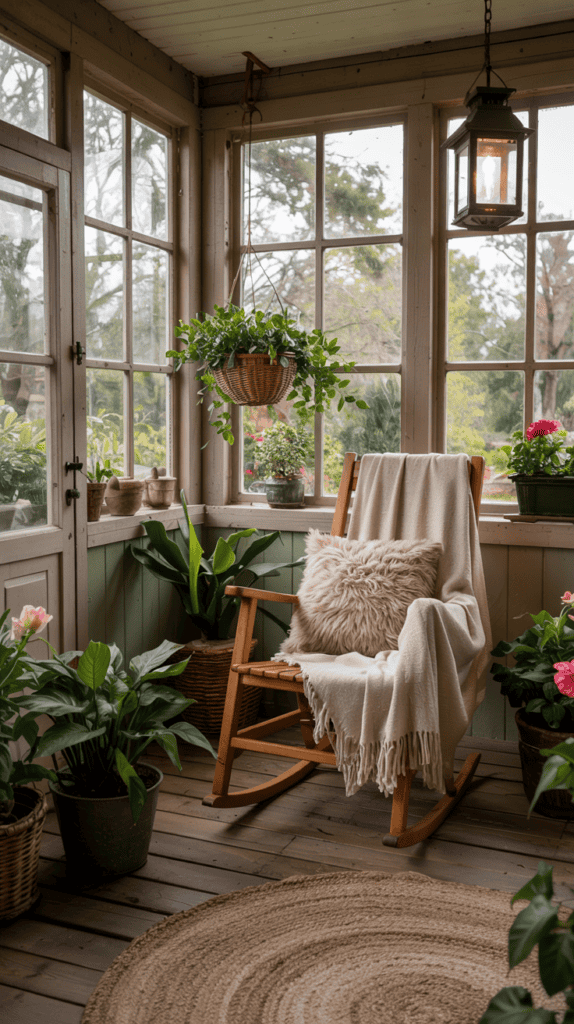 A cozy sunroom with a wooden rocking chair draped with a beige blanket and a fluffy cushion, surrounded by various potted plants and flowers. A hanging basket with green foliage is suspended above, next to a lantern light fixture. Large windows provide a view of the garden outside.