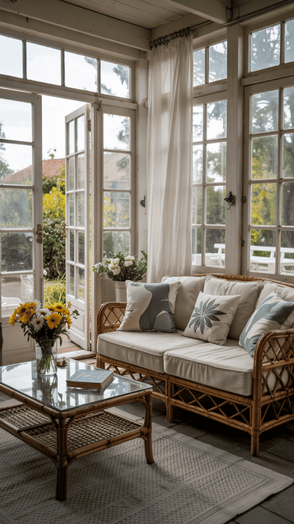 A sunlit living room with rattan furniture, including a sofa with patterned cushions and a glass-top coffee table. A vase of yellow and white flowers sits on the table, while the room is surrounded by large windows and open doors leading to a garden.