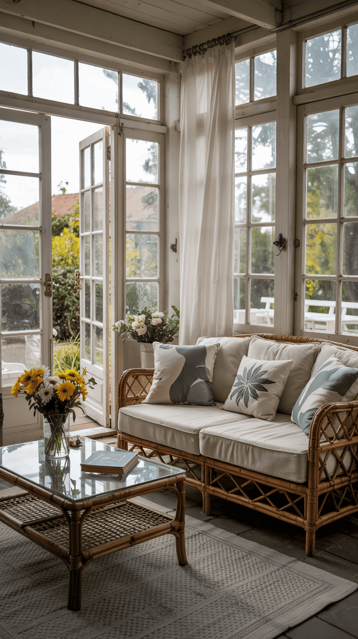 A sunlit living room with rattan furniture, including a sofa with patterned cushions and a glass-top coffee table. A vase of yellow and white flowers sits on the table, while the room is surrounded by large windows and open doors leading to a garden.