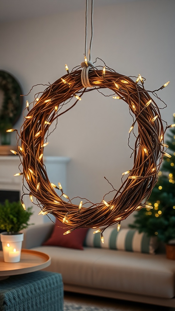 A grapevine wreath adorned with fairy lights, hanging in a cozy living room setting.
