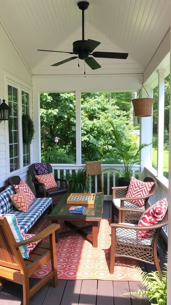 A cozy screened porch featuring a table set with a chessboard, surrounded by cushioned chairs and a sofa with blue plaid and red patterned pillows. A ceiling fan hangs overhead, and potted plants add greenery to the space, alongside an outdoor rug in red and white patterns.