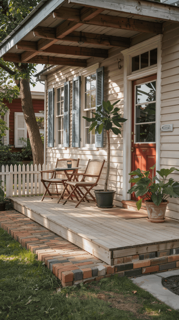 A cozy wooden porch with two wicker chairs and a small table, flanked by potted plants, leading to a house with blue window shutters and a red door. A white picket fence and brick steps frame the area.