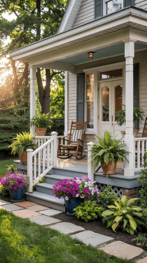 A cozy porch of a house with a wooden rocking chair, surrounded by potted green plants and colorful flowers, set against a backdrop of trees in soft evening light.