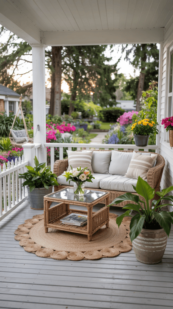 A cozy porch setting featuring a wicker sofa with cushioned seats, a glass-topped coffee table holding a vase of flowers, and surrounded by lush potted plants. The porch overlooks a garden with colorful flowers and a tree-lined path in the background.