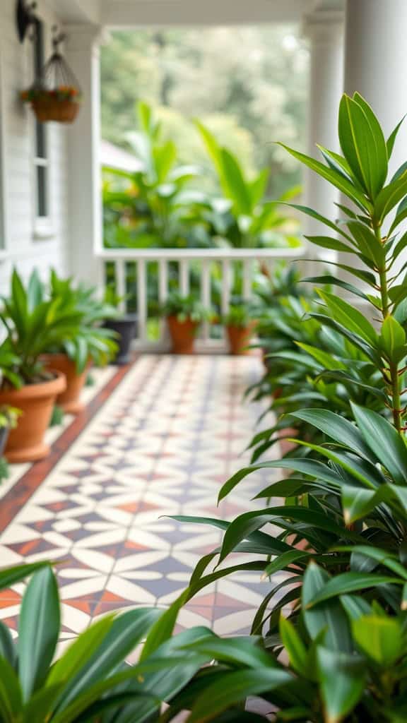 A porch with a patterned tile floor lined with potted plants and greenery on both sides.