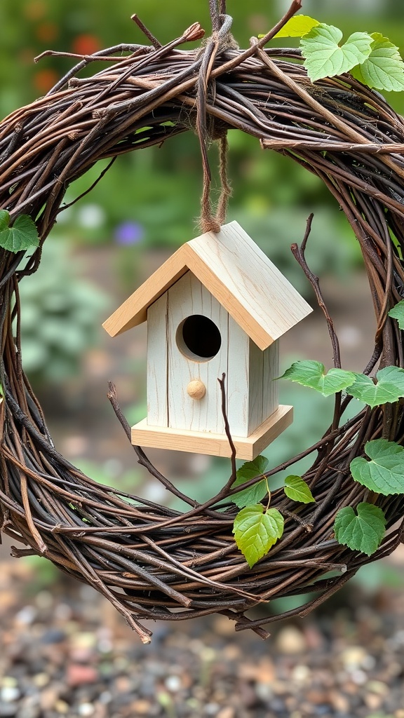 Grapevine wreath with a wooden birdhouse and green leaves
