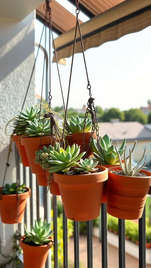 Hanging succulents in terracotta pots on a balcony railing