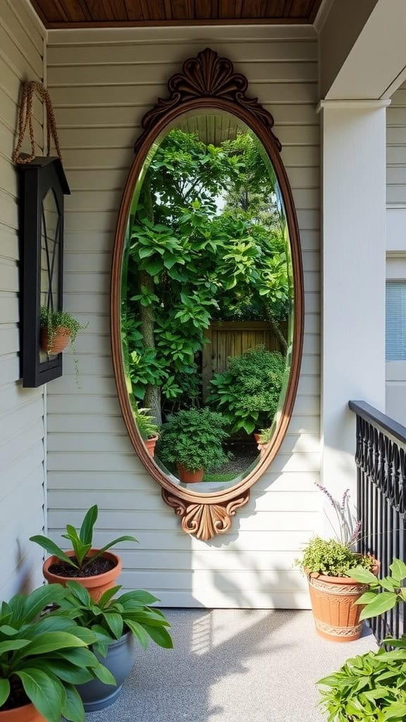 An oval mirror with an ornate wooden frame is mounted on an outdoor wall, reflecting lush greenery. The space around it includes potted plants on the floor, and a partially visible railing to the right, suggesting a balcony or porch setting.