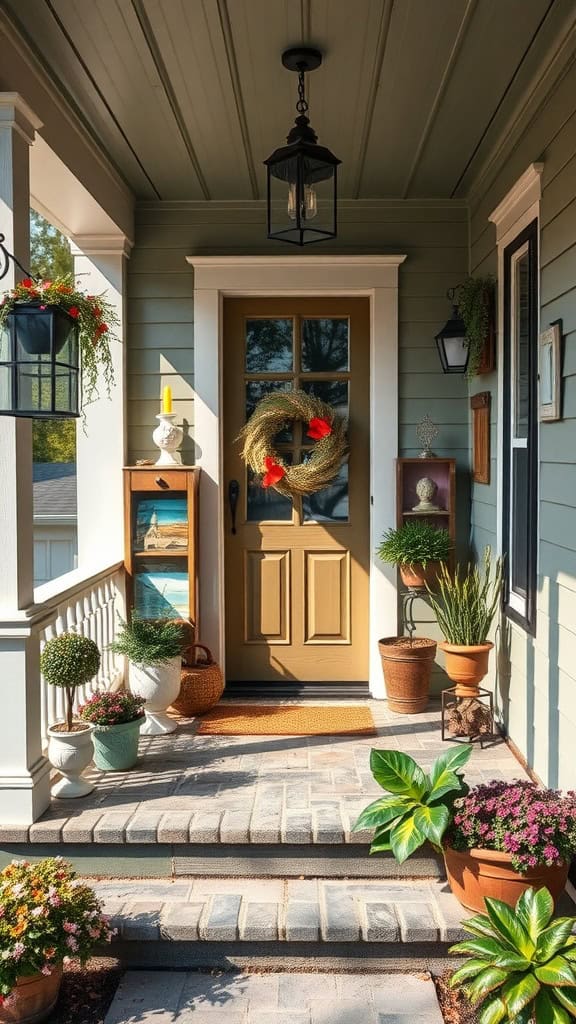 A welcoming front porch with a light green exterior, featuring a tan door adorned with a straw wreath and red bows. The porch is decorated with various potted plants and flowers, including topiary and blooming chrysanthemums. A black lantern hangs from the ceiling, and the space possesses a cozy and inviting atmosphere.