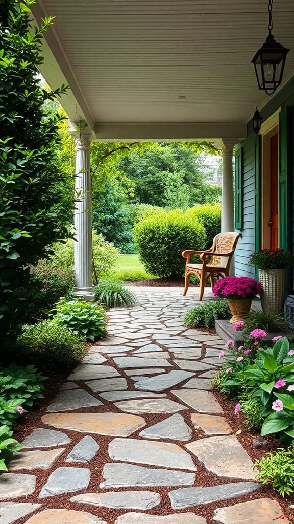 A serene stone pathway leads to a porch surrounded by lush greenery and colorful flowers. A wicker chair and potted plants are arranged on the porch, which is shaded by a roof supported by white pillars. In the background, a grassy lawn is visible past the well-maintained bushes and plants.