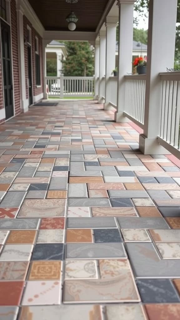 A porch with a patterned tiled floor in various shades of blue, orange, and beige, lined with white railings and red brick walls.