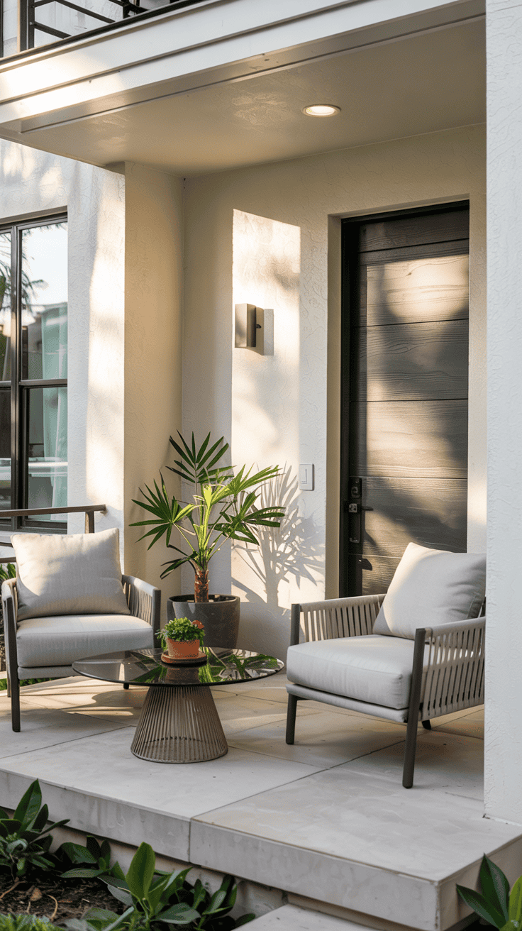 A modern outdoor seating area with two beige cushioned chairs and a round glass table on a tiled patio. There is a potted plant with large green leaves between the chairs, and another small plant with red flowers on the table. The entrance door is black, and there is a light fixture on the cream-colored wall above the chairs.