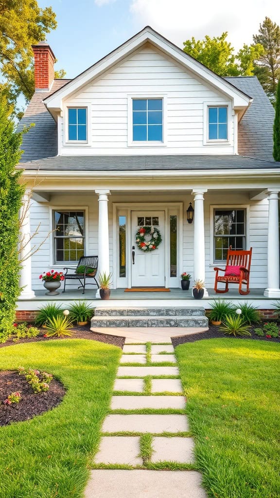 A charming white house with a front porch adorned with a decorative wreath on the door, flanked by a black bench and a red chair. The entrance is accessed by stone steps leading from a neatly maintained stone pathway through a manicured green lawn, surrounded by small shrubs and flowerbeds. A brick chimney and a gabled roof complete the serene setting.