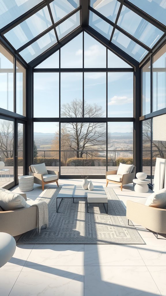 Modern living room with large floor-to-ceiling windows and a glass roof, featuring neutral-toned sofas and chairs arranged around a central coffee table on a patterned rug, overlooking a scenic outdoor view of trees and mountains.
