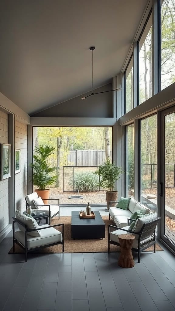 A modern sunroom with large windows, featuring white cushioned patio furniture around a dark coffee table, potted plants, and a warm brown rug on gray tiled flooring.