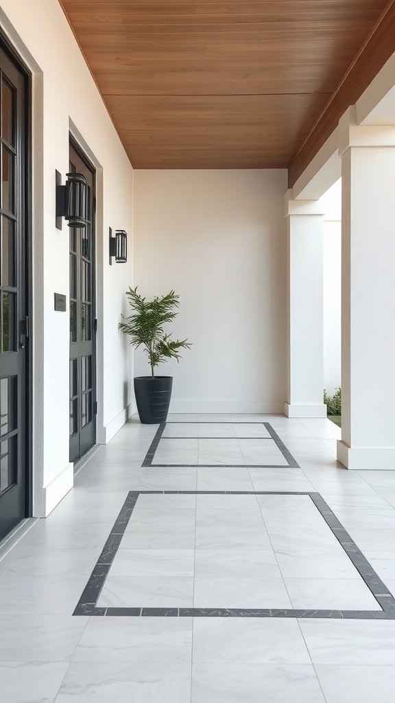 A modern entryway with large square tiles framed by dark lines, a potted plant, and black double doors with wall-mounted lamps.