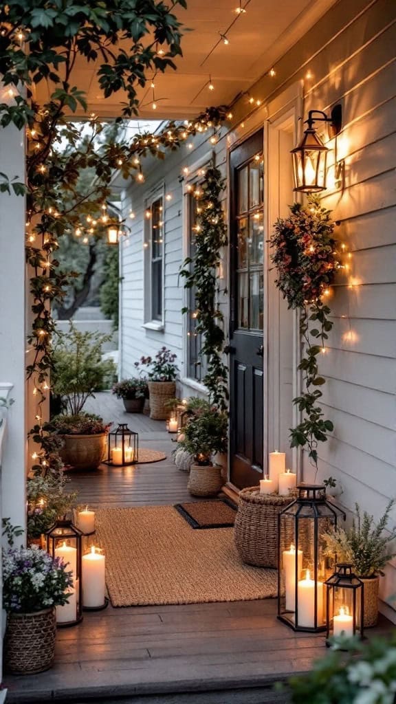 A charming porch decorated with string lights, candles, and potted plants, creating a warm and inviting atmosphere. The pathway is lined with a beige woven rug, and a wreath adorns the door, enhancing the cozy, festive vibe.