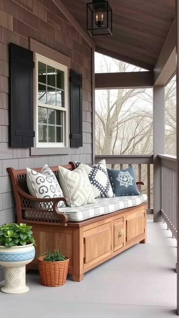 A cozy porch with a wooden bench adorned with patterned cushions, next to a potted plant and a lantern hanging above. The porch features grey siding and a window with black shutters.