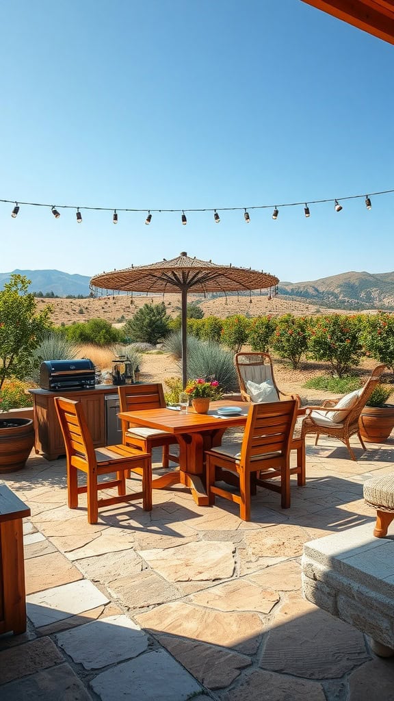 A patio with stone flooring features a wooden dining set under a straw parasol, surrounded by potted plants. In the background, a grill and additional seating are visible, with a view of distant mountains and a clear blue sky.
