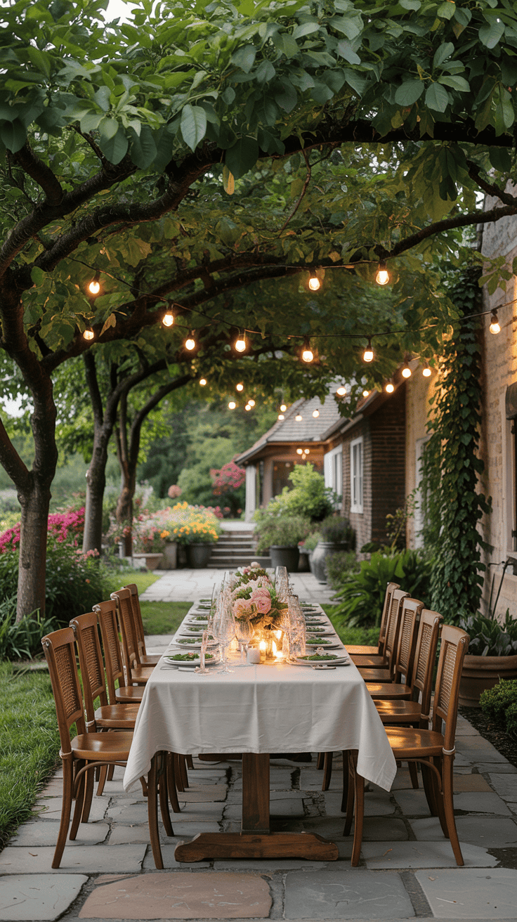 An outdoor dining table set up under a canopy of trees, adorned with string lights and surrounded by greenery. The long table is elegantly arranged with plates, glasses, and a floral centerpiece, creating a cozy and inviting atmosphere.