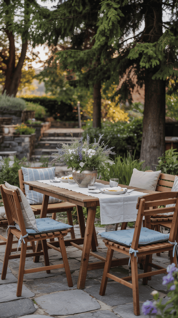 Outdoor dining area with a wooden table set with plates, cups, and a vase of flowers, surrounded by chairs with cushions, on a stone patio under trees.